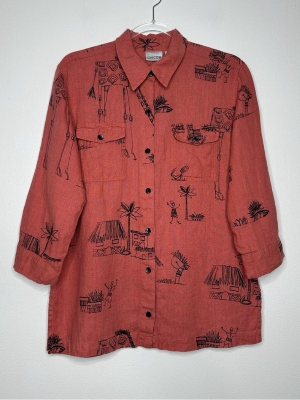Chicos Linen‎ Button Up Top Size M Orange Tribal Art